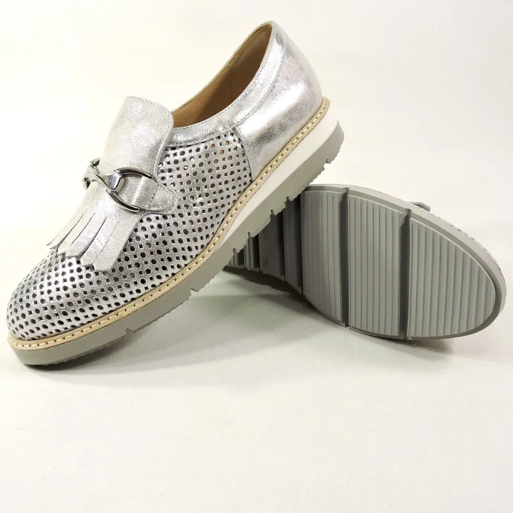 DONNA SOFT 🇮🇹WOMEN'S SILVER SOFT LEATHER COMFORT SUMMER LOAFERS - Picture 7 of 8